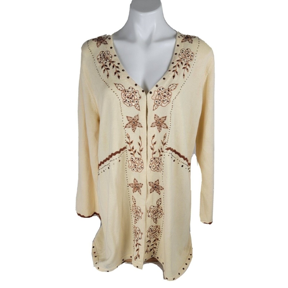 Storybook Knit Womens Sz L Cream Colored V Neck Cardigan Sequin Embroidered